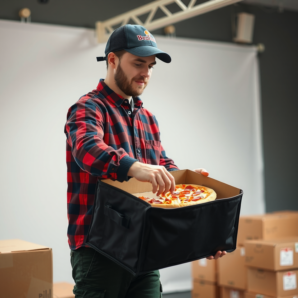 Delivery driver carefully placing pizza box into professional insulated thermal delivery bag designed to maintain optimal temperature