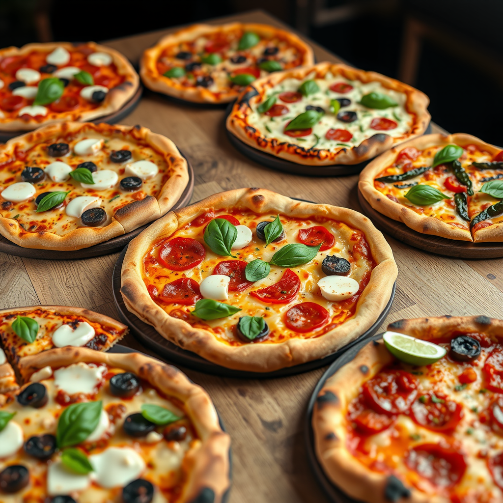 Array of beautifully crafted artisan pizzas on wooden boards showing various toppings including margherita, pepperoni, and vegetarian options, perfectly charred crusts, garnished with fresh basil, professional food photography lighting