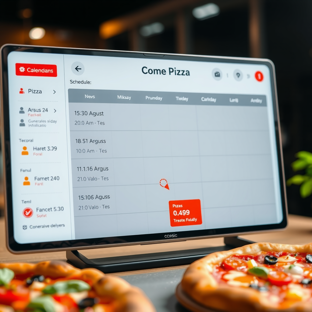 Modern digital calendar interface displaying scheduled corporate pizza deliveries with booking system and delivery time slots