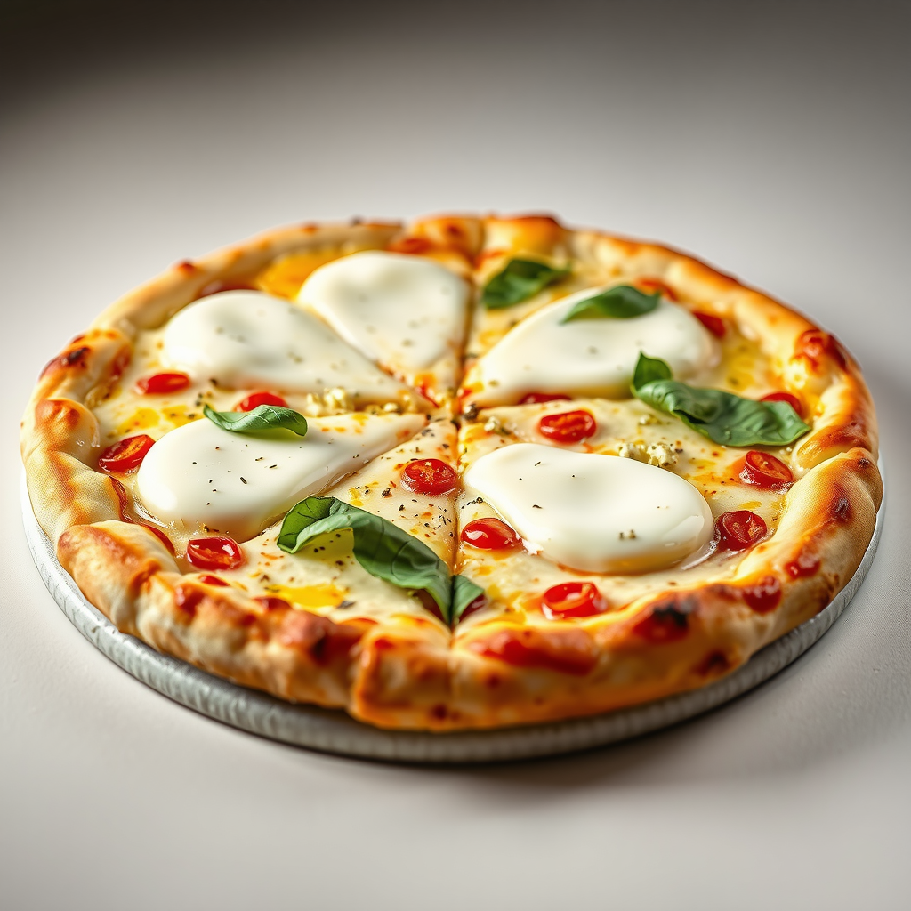 Quattro Formaggi four cheese pizza with mozzarella, gorgonzola, parmesan, and fontina cheese on white sauce base