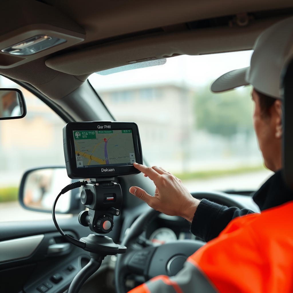 Delivery driver looking at GPS navigation device mounted in vehicle, ensuring accurate route to customer location