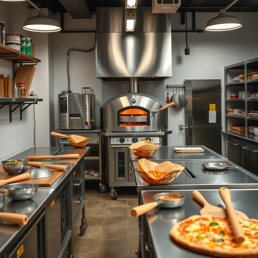 Professional teaching kitchen setup with multiple stainless steel workstations, each equipped with rolling pins, bowls of ingredients, and pizza peels, wood-fired oven glowing in background, clean organized space ready for students