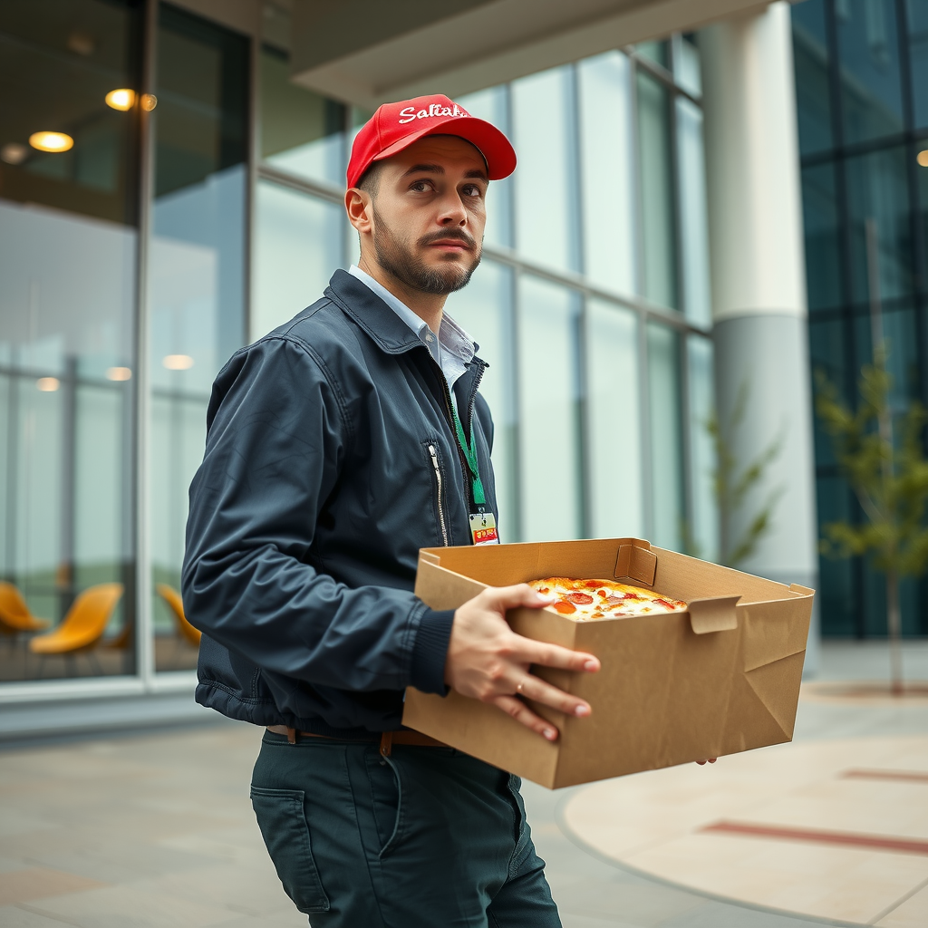 Professional Salvatore delivery driver arriving at modern corporate office building carrying fresh pizza order with punctual delivery