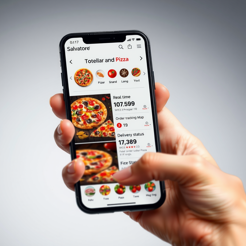 Smartphone displaying Salvatore mobile app interface showing pizza customization screen with various toppings, real-time order tracking map, and delivery status updates