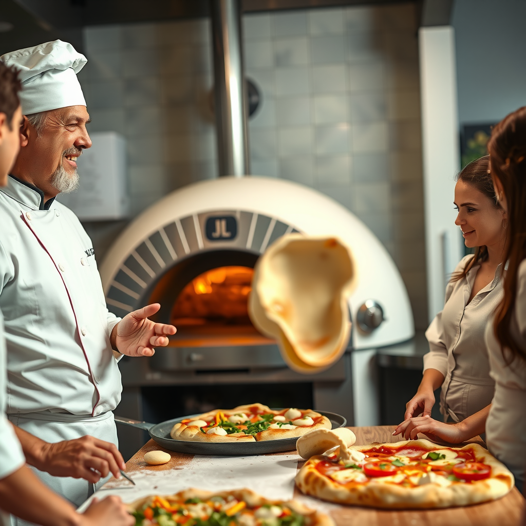 Professional Italian chef in white uniform teaching pizza making class, demonstrating dough tossing technique to group of enthusiastic students in modern kitchen with wood-fired oven