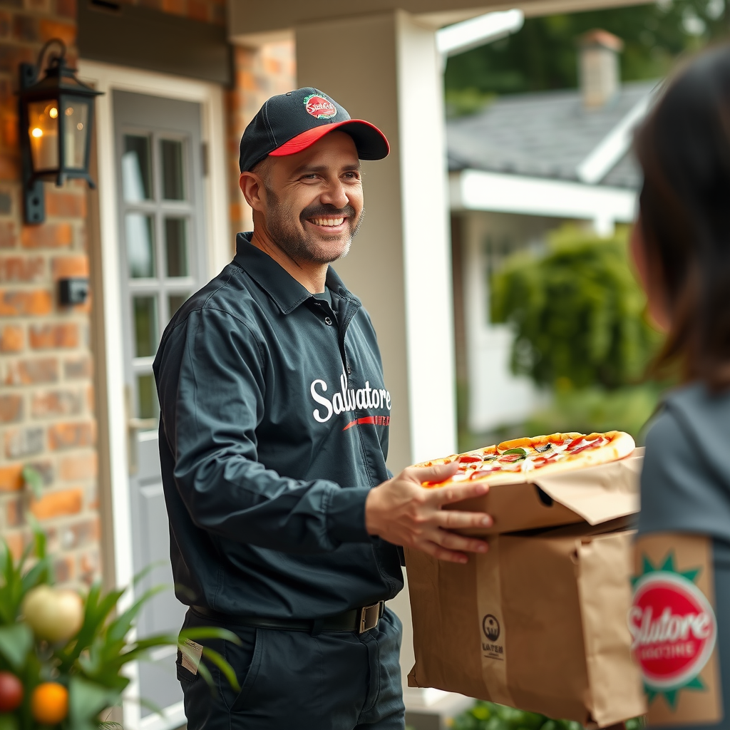Friendly Salvatore delivery driver greeting customer with warm smile while delivering pizza order at residential entrance