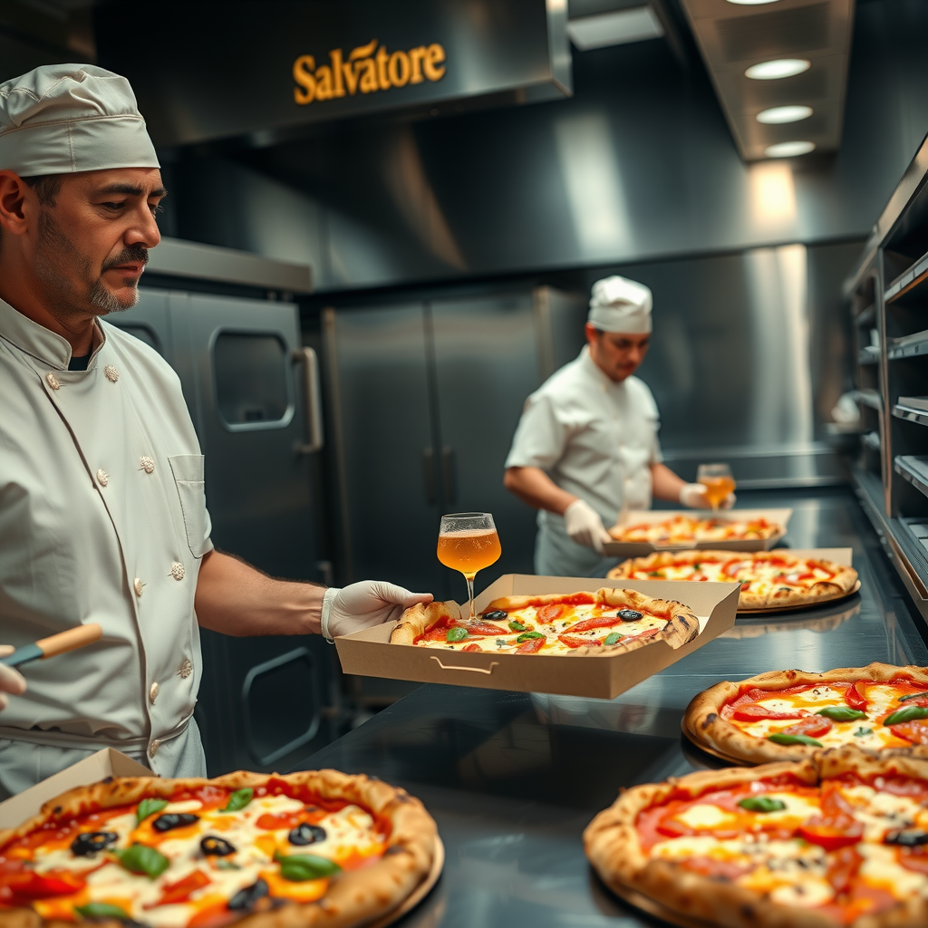 Salvatore corporate catering team in professional kitchen preparing large pizza order with multiple pizzas for business delivery