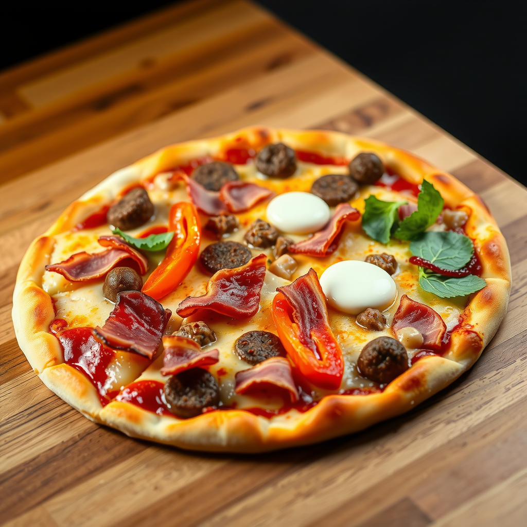 Meat Lovers pizza with pepperoni, Italian sausage, bacon, ham, ground beef, and mozzarella cheese