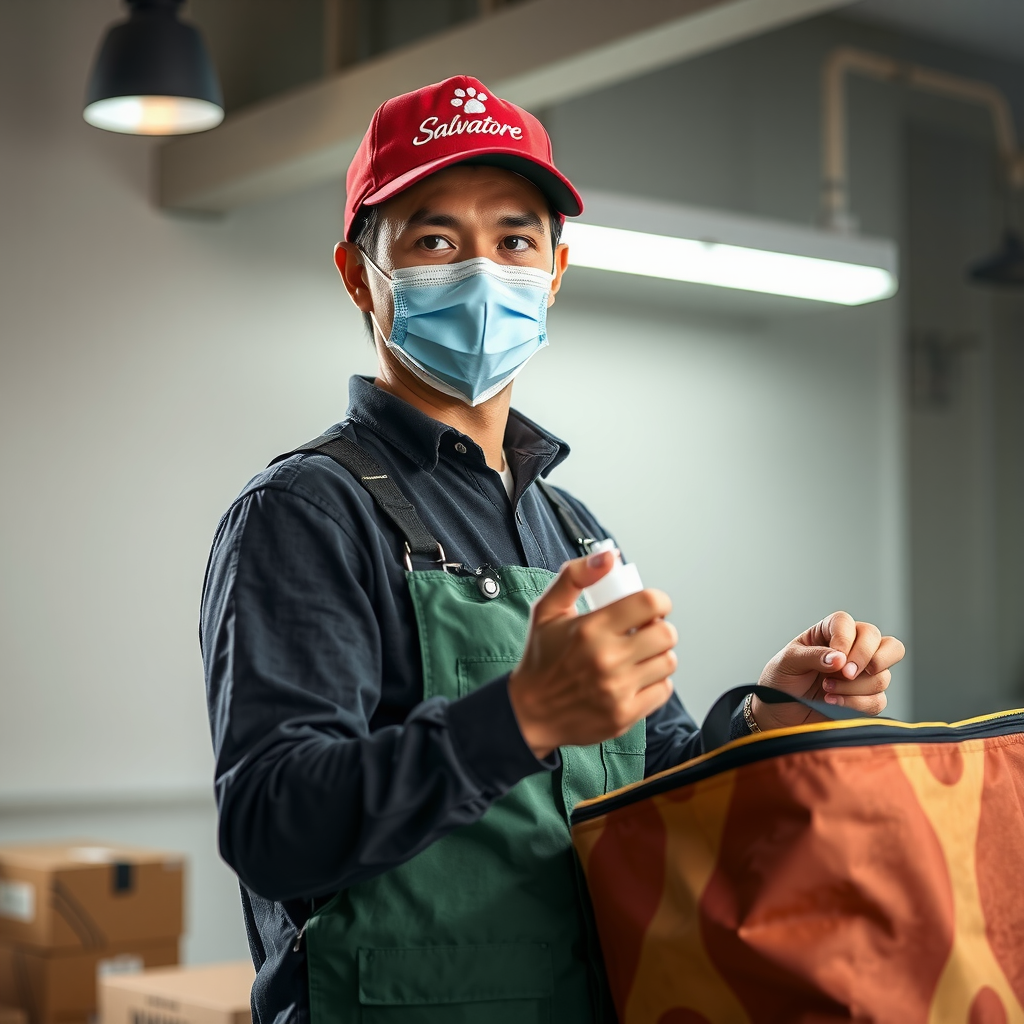 Professional Salvatore delivery driver demonstrating safety protocols, wearing protective mask and using hand sanitizer while handling pizza delivery with insulated bag